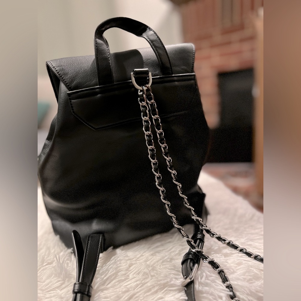 Black Leather Backpack with silver and leather strings